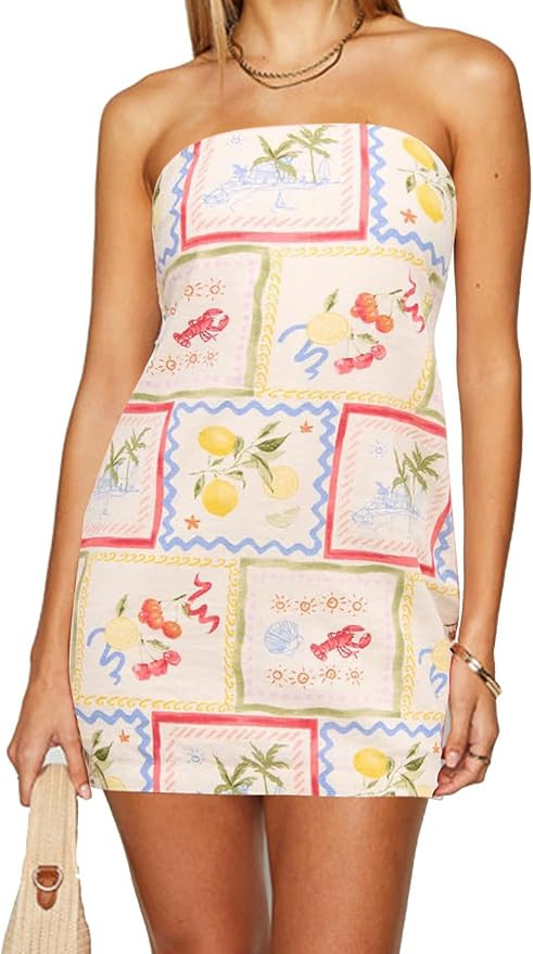 Strapless Tube Top Dress for Women Sleeveless Backless Summer Boho Floral Teen Beach Short Dress | Amazon (US)