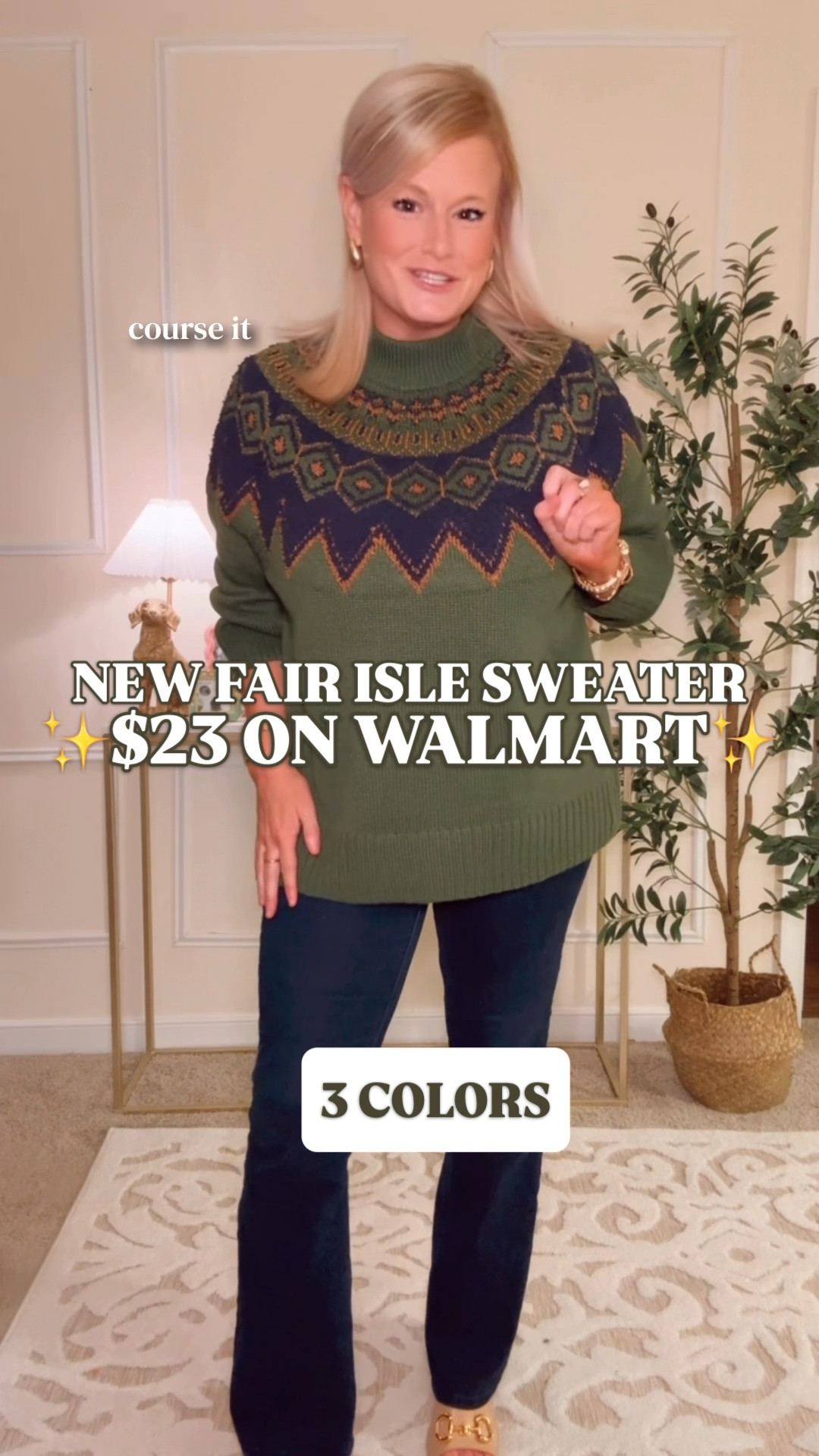 Walmart Fair Isle sweater | heritage prep | preppy style | $23 look for less

This $23 Fair Isle sweater has been selling out on Walmart. The colors, the softness, the roomy fit. It has that classic heritage sweater look, and it is SO cozy in person.

The green with navy and golden brown is beautiful. The patterned shoulders give you plenty of detail, so even with dark jeans, you have that preppy fall outfit. This is the kind of knitwear you can pull out year after year, and I love finding it at this price.

Sizing note: I sized up to a large for a cozy fit, but I could have gotten that with a medium. It’s generous, so if you’re between sizes, I’d go with the smaller size. You should still have that relaxed, oversized look.

There are three colors available, and the sweater has great ratings, too. The midweight knit works for fall weekends, Thanksgiving outfits and winter days when you want something comfortable that still looks polished.

I’ve linked the colors below. If you’ve had your eye on one, grab your size while it’s available.

Fair Isle sweaters women, Walmart Fair Isle sweater, Scenario Fair Isle sweater, heritage prep, heritage style women, preppy style, look for less, Walmart finds, Walmart style, Walmart sweaters women, affordable Fair Isle sweater, green Fair Isle sweater, oversized Fair Isle sweater, relaxed fit sweater women, cozy sweaters women, crewneck sweater, preppy fall outfits, classic winter outfits, fall outfits women, fall fashion haul, Thanksgiving sweater women, holiday sweaters women, winter sweaters women, sweaters under $30

#WalmartFinds #WalmartStyle #FairIsleSweater #HeritagePrep #PreppyStyle #LookForLess #LTKSeasonal #LTKootd