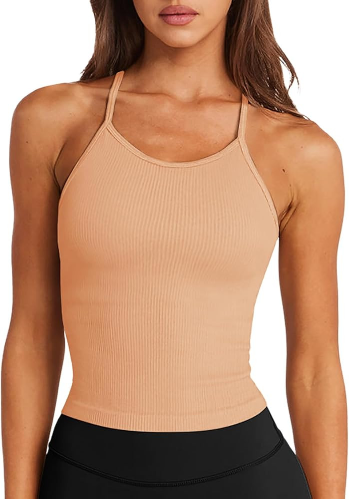 LASLULU Womens Sports Bra Seamless Long Crop Tank Racer Back Spaghetti Strap Workout Yoga Bra Pad... | Amazon (US)