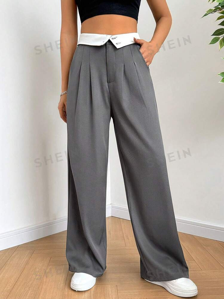SHEIN EZwear Spring/Summer Casual Color-Block Folded Waist Pleated Straight Leg Pants | SHEIN USA | SHEIN