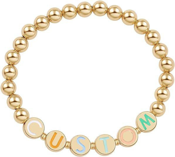 SLOONG Custom Letters Name Beads Stretch Bracelet Initial Personalized Bracelet Gold Plating Brac... | Amazon (US)