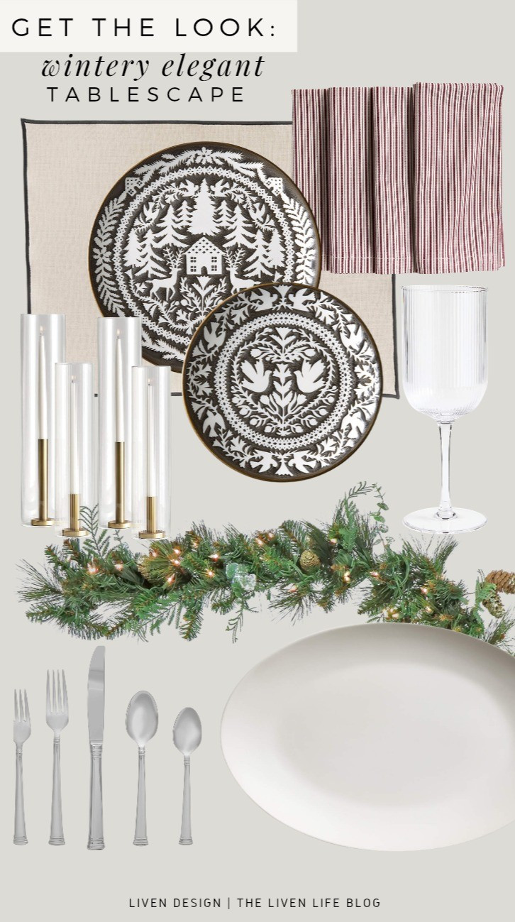 Christmas tablescape. Table setting. Holiday dining. Stoneware dinnerware. Christmas dinner plates. Ribbed wine glasses. Serving platter. Glass taper candle holders. Christmas napkins. Placemats. Flatware. Pre-lit Garland. 

#LTKHoliday #LTKSeasonal #LTKHome