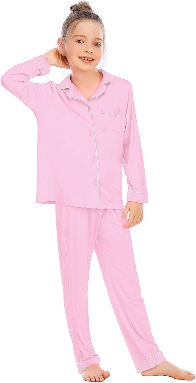 Veseacky Unisex Girls Boys Pajamas Long Sleeve Sleepwear Button-Down 2 Pcs Pjs Set for 5-14 Years | Amazon (US)