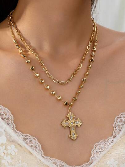 2pcs/Set Gold Cross & Heart Pendant Necklace, Layerable, Suitable For Women, Valentine's Day, Mot... | SHEIN