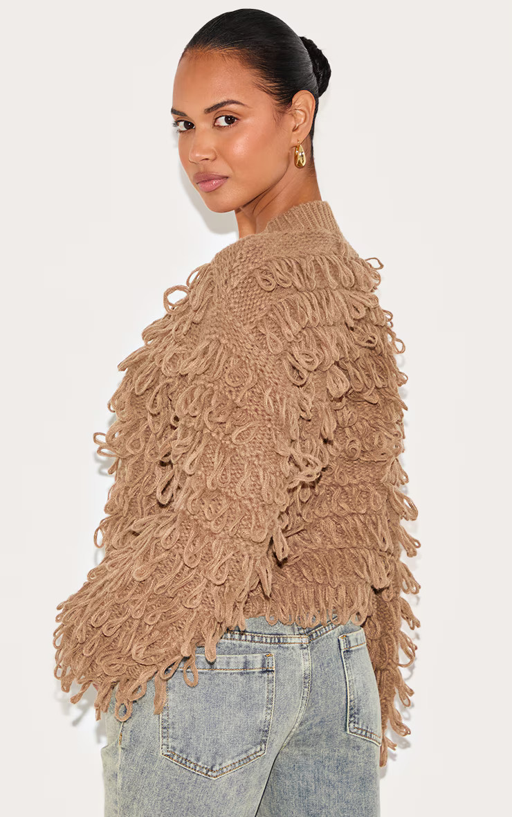 Taupe Loop Knit Crew Neck Button Up Cardigan | PrettyLittleThing UK
