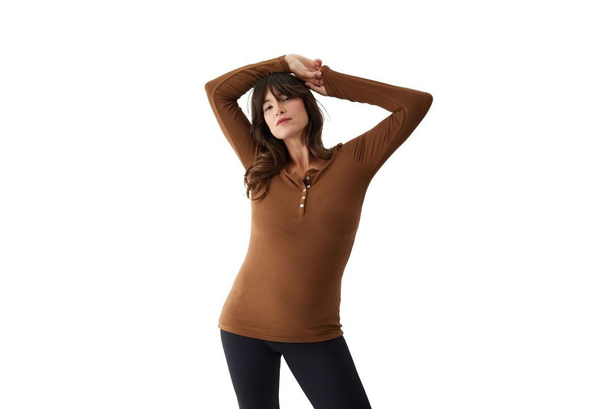 Women's Maternity Long Sleeve Rib Henley - Chestnut | Macy's