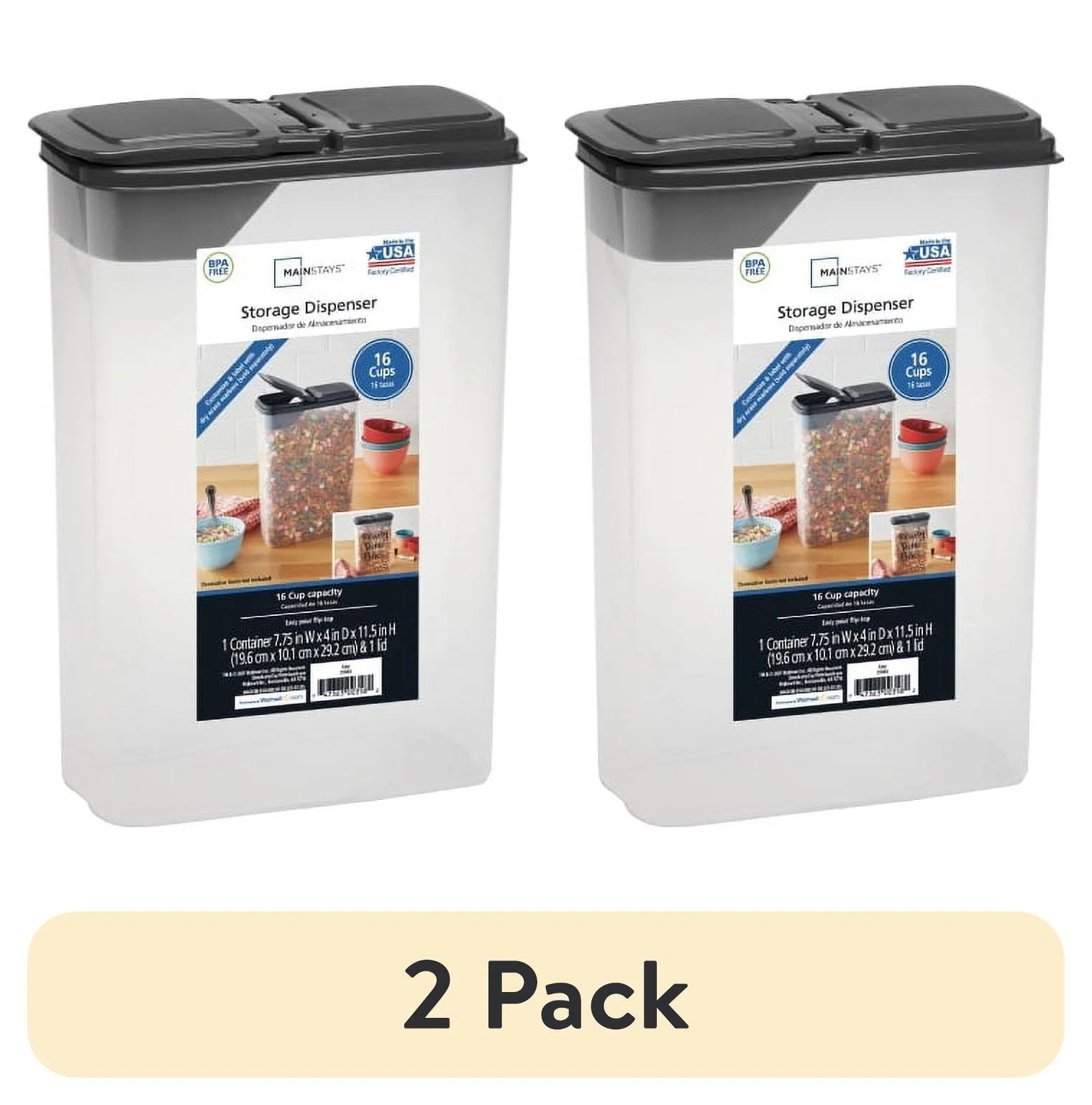 (2 pack) Mainstays Small Cereal Dispenser, Clear Plastic, Gray Lid, 16-Cups (1 Each) 7.25" x 4" x... | Walmart (US)