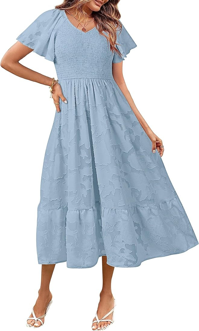 MEROKEETY Womens 2023 Summer V Neck Ruffle Sleeve Floral Dress Lace Flowy Smocked Midi Dresses | Amazon (US)