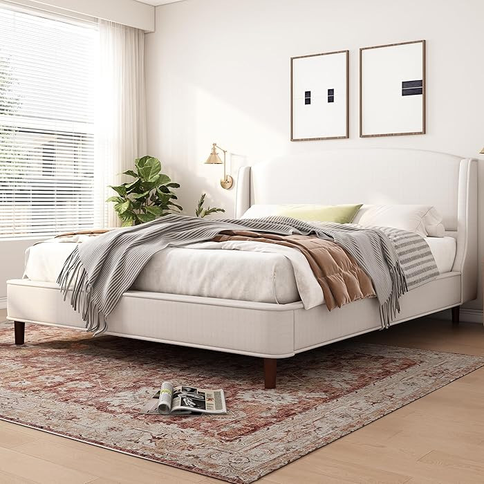 Merax King Size Upholstered Platform Bed with Wingback Headboard, Solid Wooden Slats Panel Suppor... | Amazon (CA)