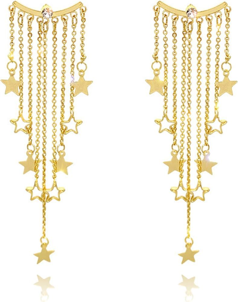 Amazon.com: YANCHUN Star Tassel Earrings for Women Star Earrings Dangling Chain Earrings Star Dan... | Amazon (US)
