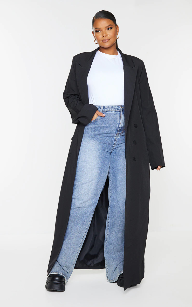 Plus Black Button Detail Maxi Blazer | PrettyLittleThing US