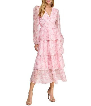 Layered With Love Amanda Organza Chiffon Floral Print V-Neck Long Sleeve Ruffle Tiered A-Line Mid... | Dillard's