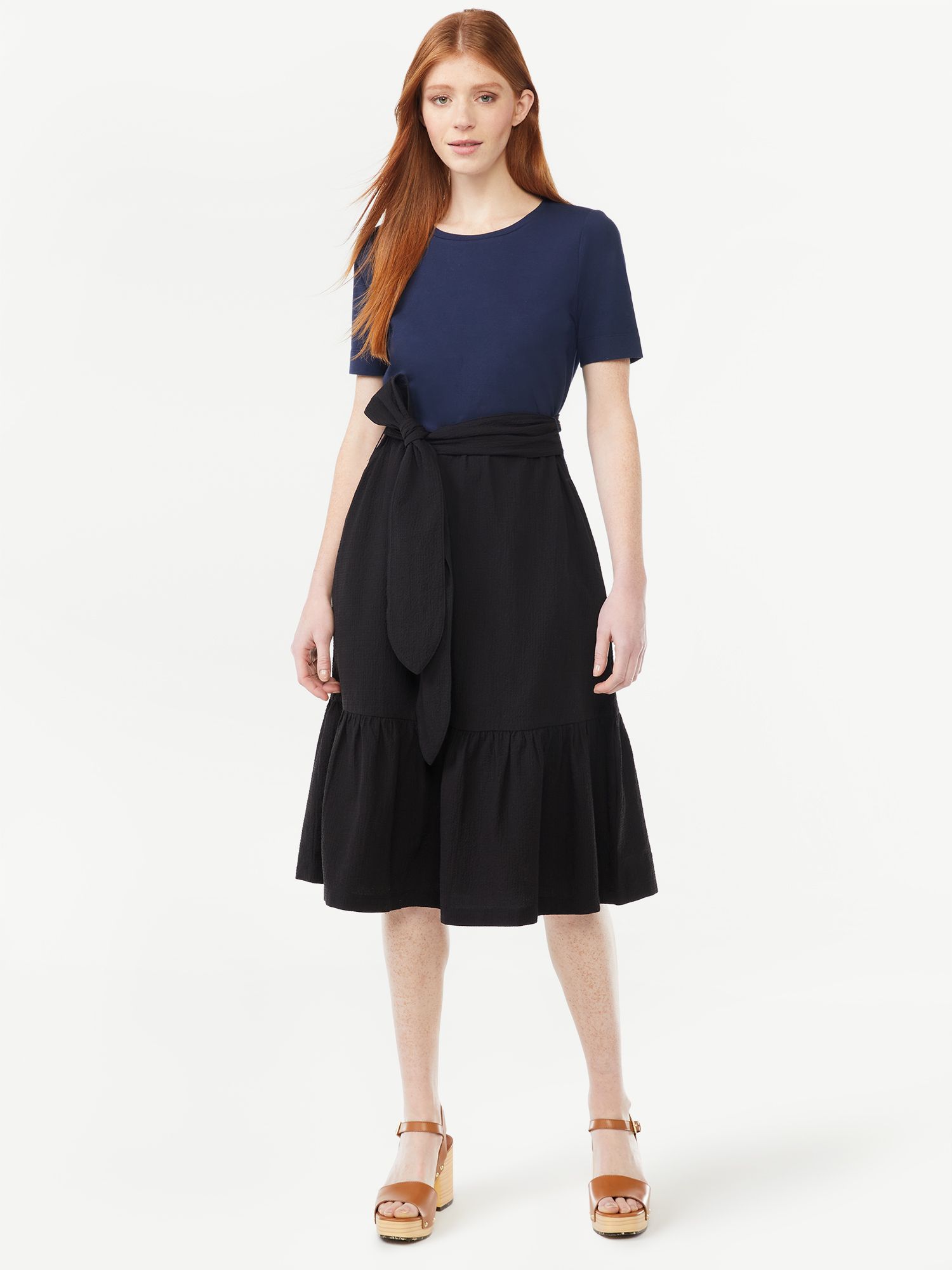 Free Assembly Women's Short Sleeve Mixy Midi Dress with Shirred Skirt | Walmart (US)