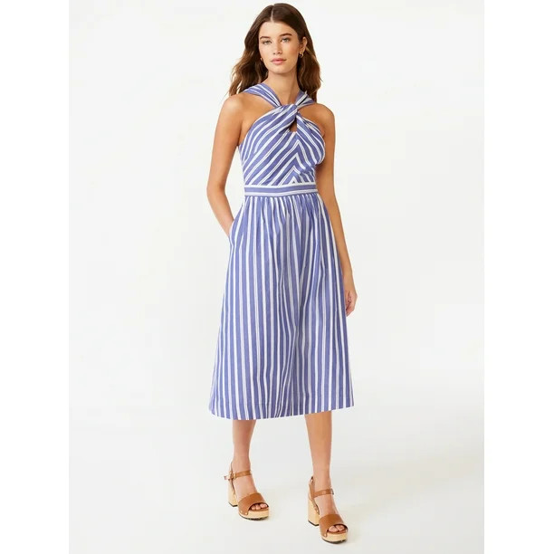 Free Assembly Women's Sleeveless Twist Knot Halter Fit and Flare Midi Dress, Sizes XS-XXL | Walmart (US)