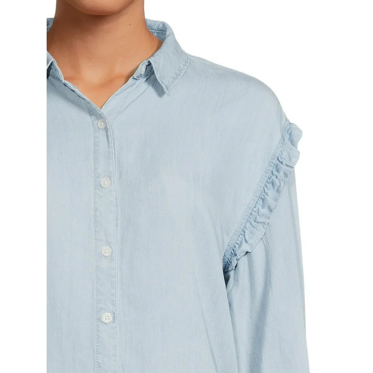 Time and Tru Women's Ruffle Sleeve Button Front Shirt | Walmart (US)