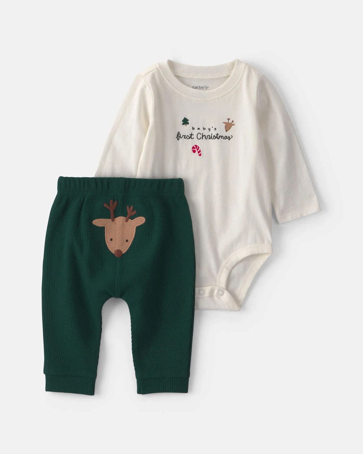 Baby 2-Piece 'Baby's First Christmas' Long-Sleeve Bodysuit & Pant Set - Ivory/Green | Carter's Inc