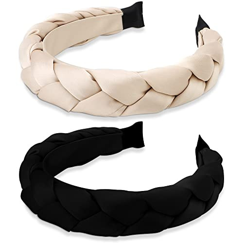 Atoden Braided Headbands for Women 2 Pcs Head Bands for Women's Hair Padded Headband Satin Silk Headband Non Slip Chunky Hair Bands Black Headband Fashion Hair Accessories for Women Girls Gifts | Amazon (US)