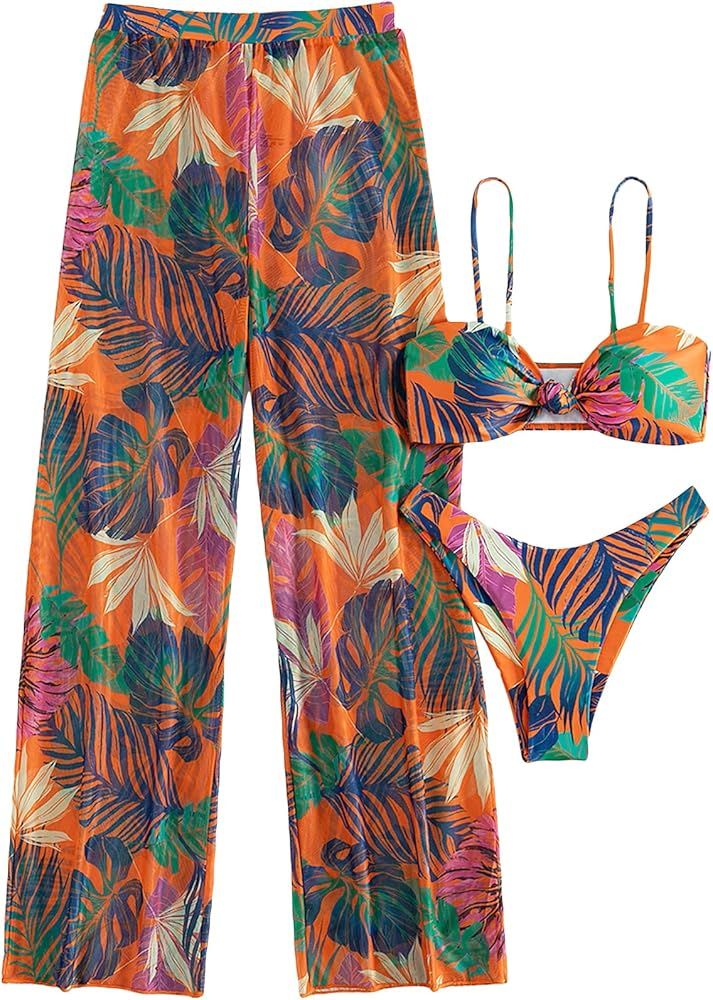 OYOANGLE Women's 3 Piece Tropical Print Knot Front High Cut Bikini Swimsuit with Cover Up | Amazon (US)