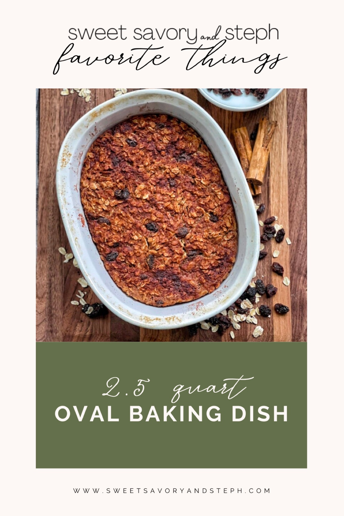 Cinnamon Raisin Baked Oatmeal in a CorningWare 2.5 quart dish for baked oatmeal. The subtle spice of cinnamon, sweetness of sugar, and texture and mild sweetness of raisins flavor this baked oatmeal. When old fashioned oats are combined with these flavors and baked in a dish, you create a delicious baked oatmeal that can be cut into portions to keep on hand for the week, or to serve to your family. This cinnamon raisin baked oatmeal makes for a delicious and filling breakfast, or even a sweet dessert or snack. Baking, bakeware, ceramic dish, baking essentials. Full recipe on www.sweetsavoryandsteph.com.

#LTKhome #LTKSeasonal #LTKHoliday