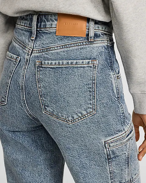 High Waisted Light Wash Cargo 50/50 Rigid Stretch Relaxed Straight Jeans | Express
