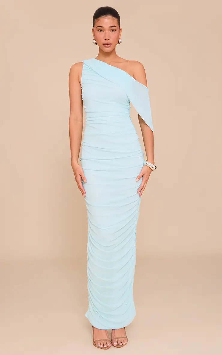 Aqua Blue Aqua Blue Mesh Overlay One Shoulder Ruched Maxi Dress | PrettyLittleThing USA | PrettyLittleThing US