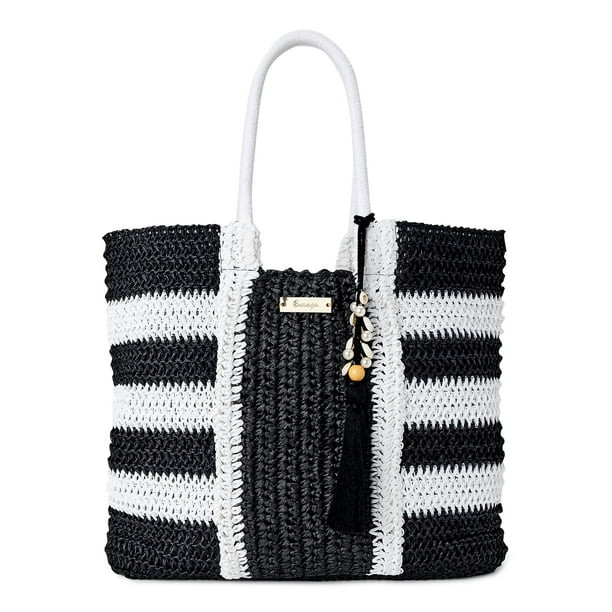 Time and Tru Women's Raffia Bondi Tote Bag Black White - Walmart.com | Walmart (US)
