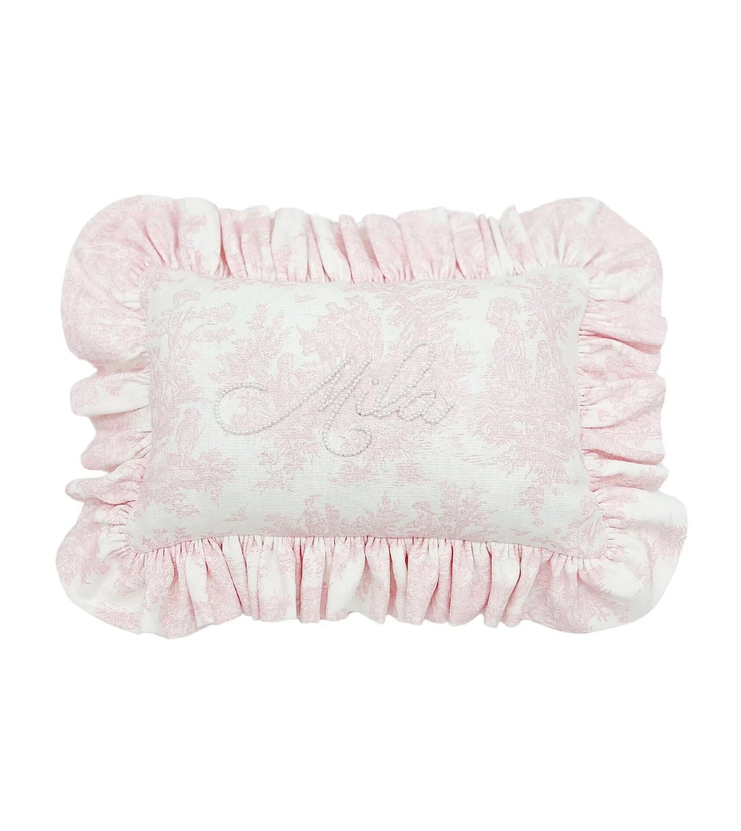 Pink Toile Ruffle Pearl Bespoke Pillow - Baby Newborn Nursery Decor - Etsy | Etsy (US)