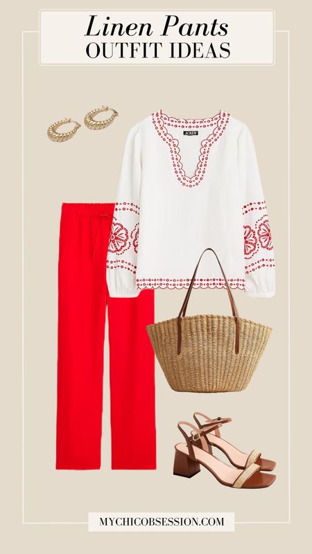 Add a pop of red to your look with the Soleil linen pants from J.Crew. Style an embroidered blouse on too with red thread. Complete the look with gold ribbed hoops, a basket tote, and mixed media heels.

#LTKSeasonal #LTKStyleTip