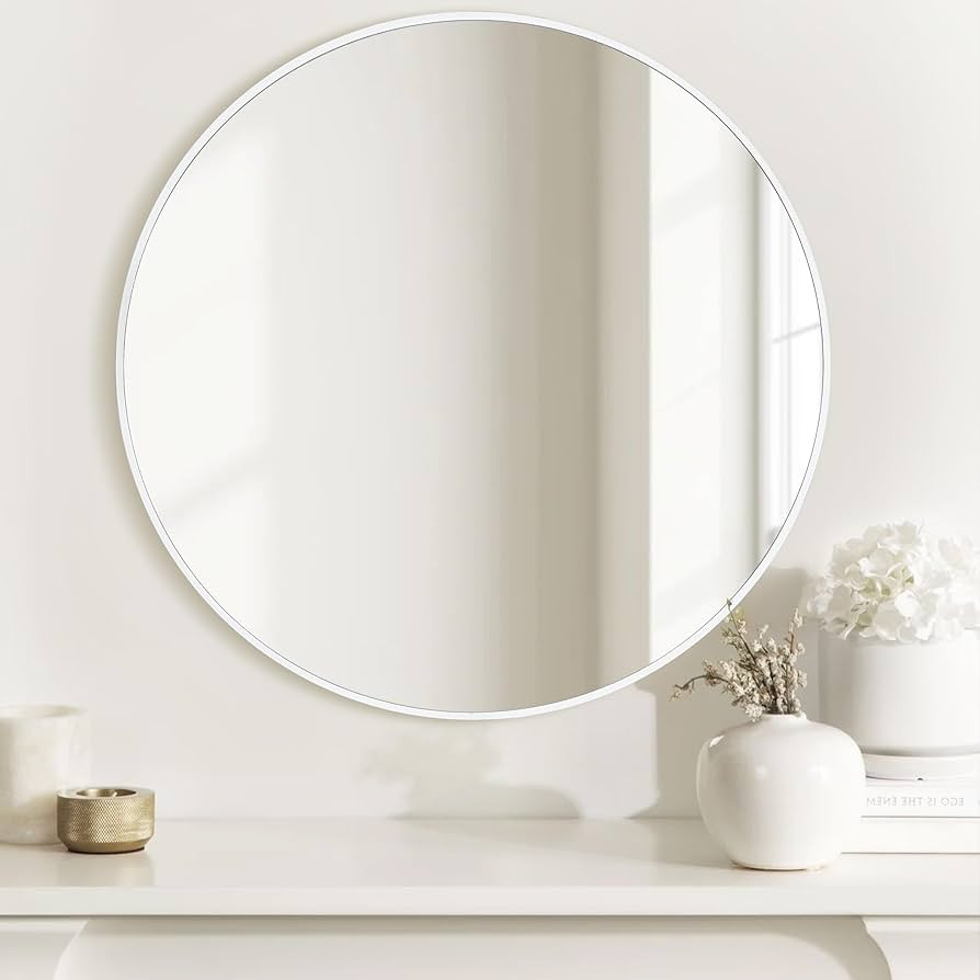 White Round Mirror, 24 Inch Circle Bathroom Vanity Mirror for Wall, Modern Tempered Glass Mirror ... | Amazon (US)