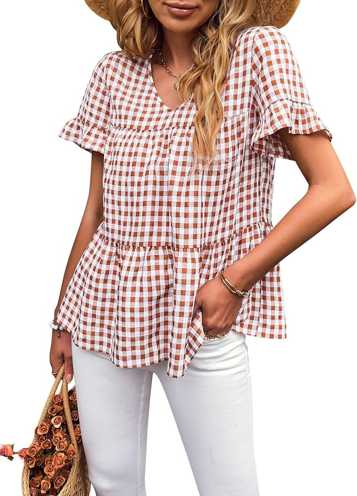 KAYWIDE Women's Fall Plaid Tops V Neck Long Sleeve Blouses Shirt Casual Ruffles Loose Tunic Tops | Amazon (US)