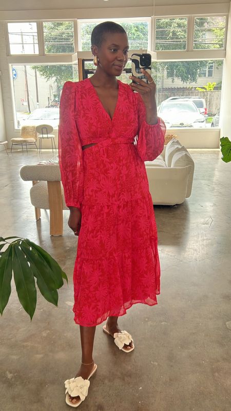 Walmart find for $20! Pink and red floral long sleeve dress with cutout details, white floral sandals and gold drop earrings. Runs true to size, I’m wearing a small  

#LTKshoecrush #LTKtravel #LTKfindsunder50