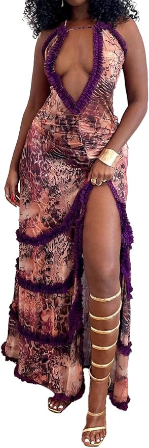 Women's Purple Sleeveless Mesh Dress Sexy Deep V Dress High Slit Maxi Mesh Club Party Dresses | Amazon (US)