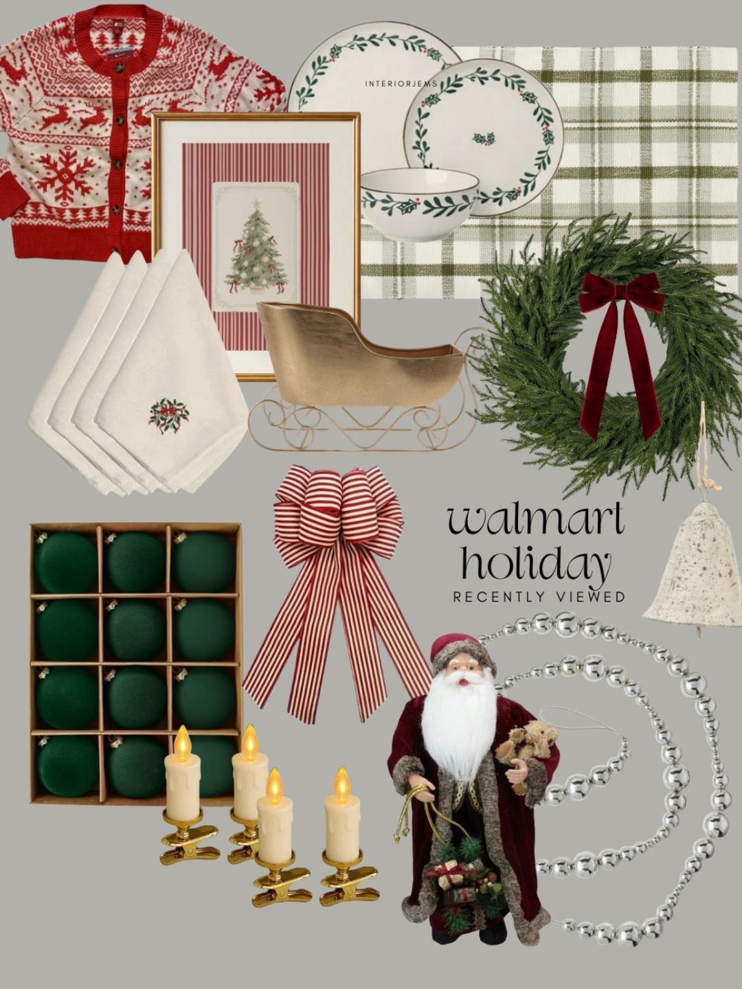 Walmart holiday get the look, vintage style holiday from Walmart, vintage Christmas from Walmart, red, striped bow, green, flocked ornaments, vintage style Santa, Christmas, dinnerware, Christmas, art, gold Santa sleigh, Christmas lights

#LTKSaleAlert #LTKHoliday #LTKHome