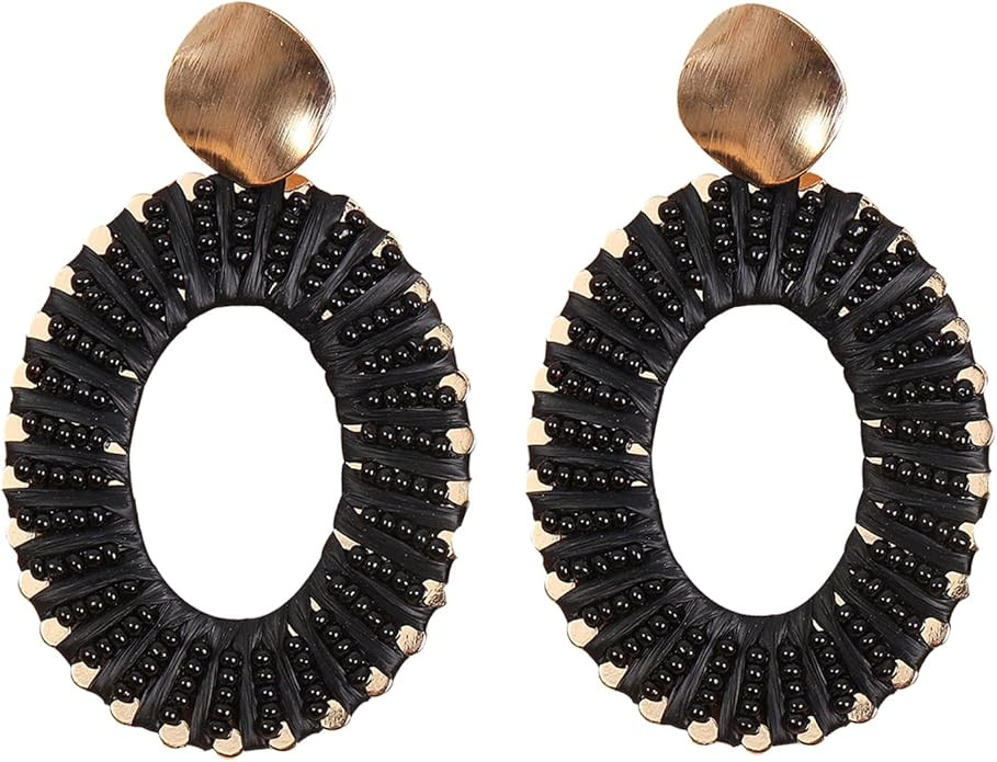 Beaded Raffia Earrings Statement Boho Summer Beach Earrings Handmade Rattan Straw Square Drop Dan... | Amazon (US)