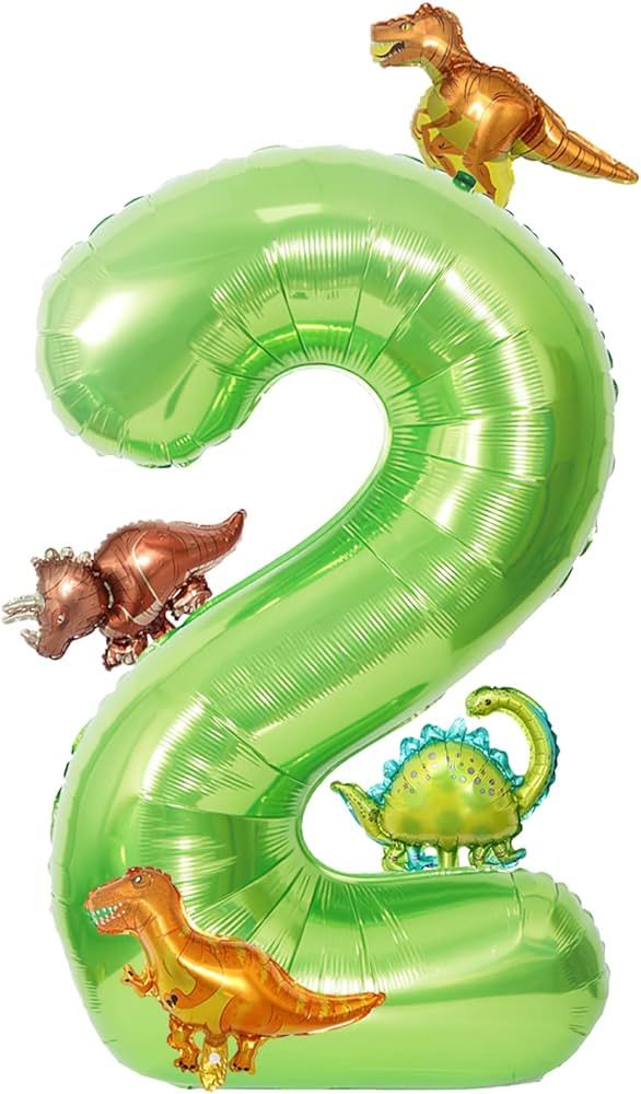 40 Inch Green Number 2 with Mini Dinosaur Balloon, Tyrannosaurus Rex Velociraptor Triceratops Bro... | Amazon (US)