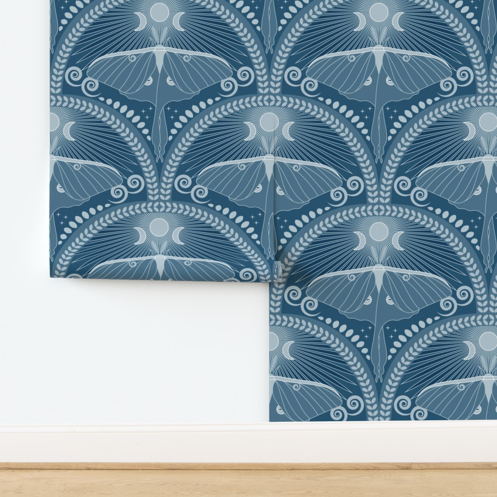 Nocturnal Luna Moth-Art Deco-Mystical Magical-Gothic-Prussian Blue-Large | Spoonflower