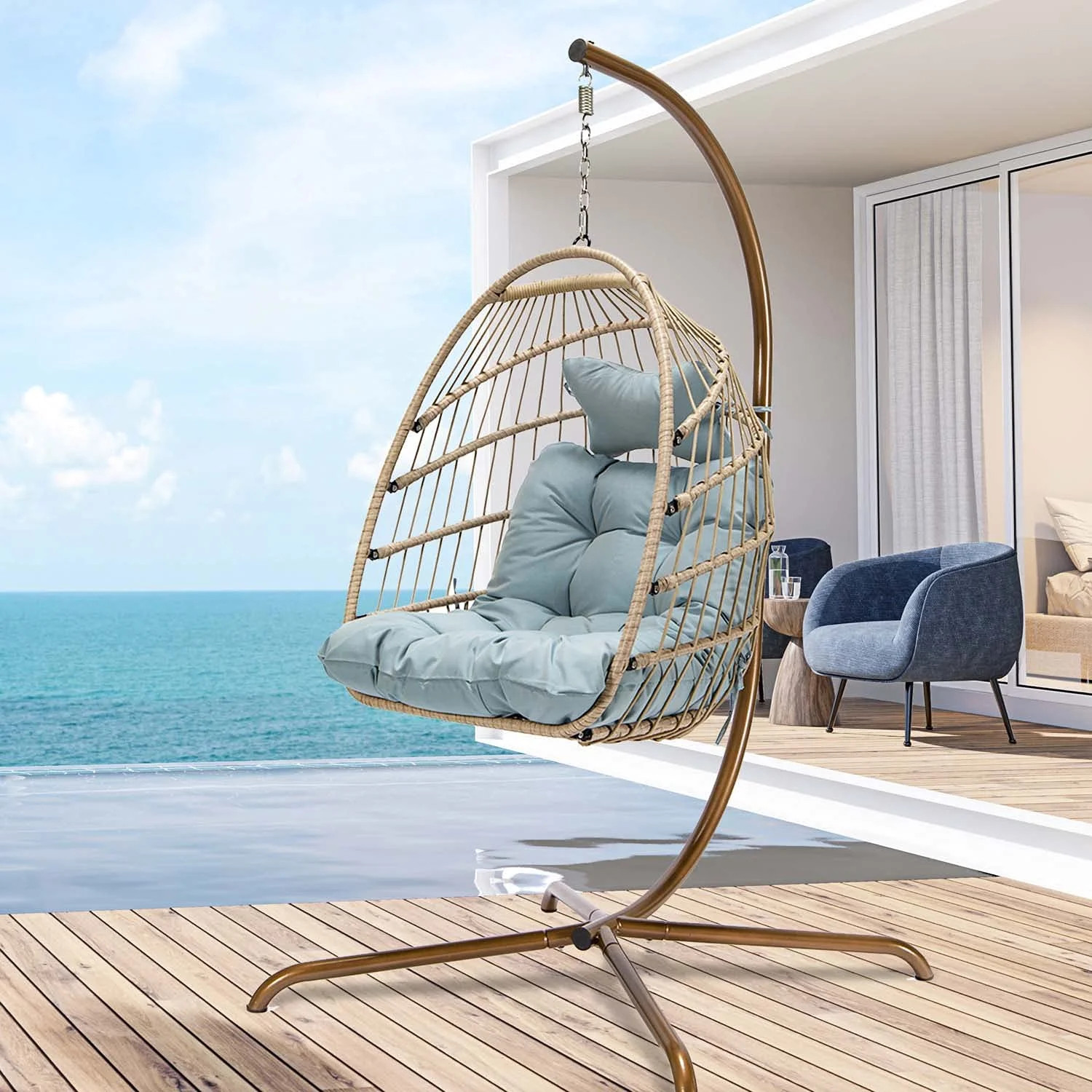 Nicesoul Foldable Wicker Hanging Egg Chair with Stand and Cushions for Indoor Outdoor, Blue | Walmart (US)