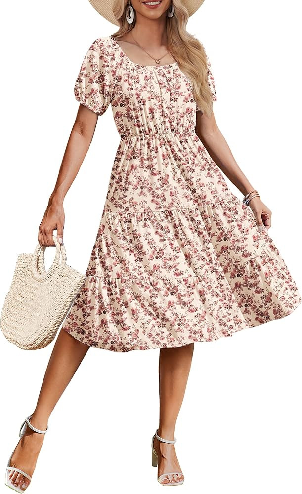 Zeagoo Womens 2025 Summer Dress Puff Sleeve Square Neck Dresses Casual Tiered Boho Beach Vacation... | Amazon (US)