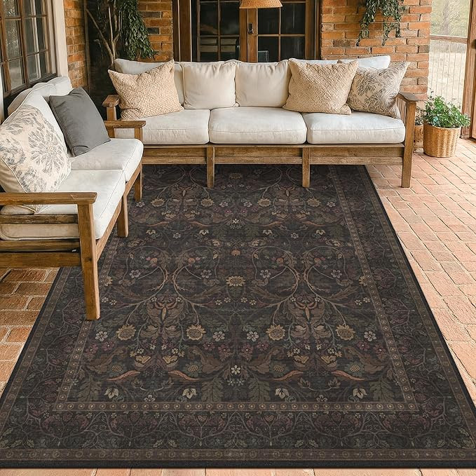 6x8 Washable Area Rugs for Living Room, Dark Brown & Gold Moody Floral Rug, Non Slip Soft Low Pil... | Amazon (US)