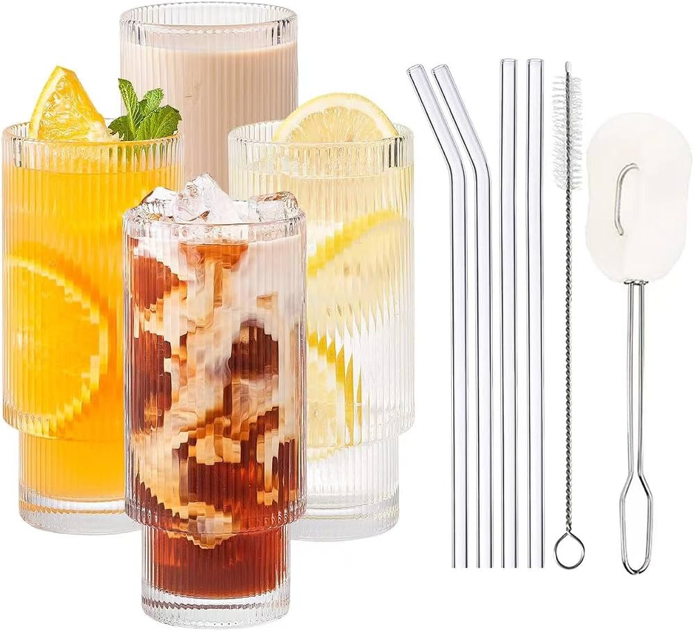HEFBCOMK Ribbed Glassware 4pcs Set, Ribbed Drinking Glasses 16 oz with Straws, Vintage Fluted Gla... | Amazon (CA)