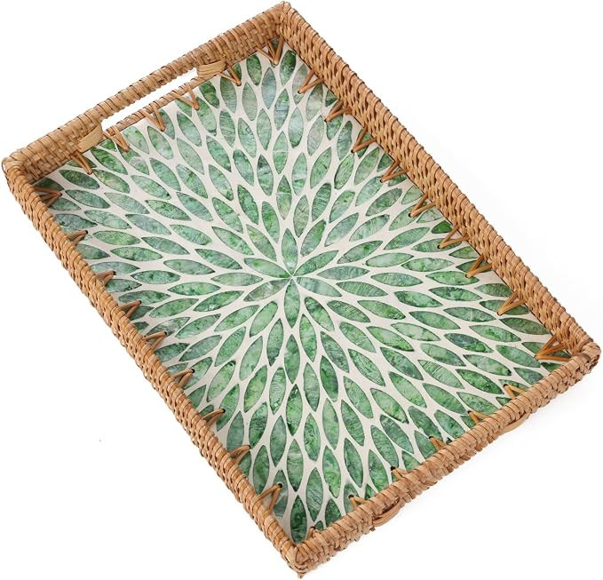 Rectangle Rattan Tray with Mother of Pearl Inlay, Rattan Serving Tray with Handle for Coffee, Bre... | Amazon (US)