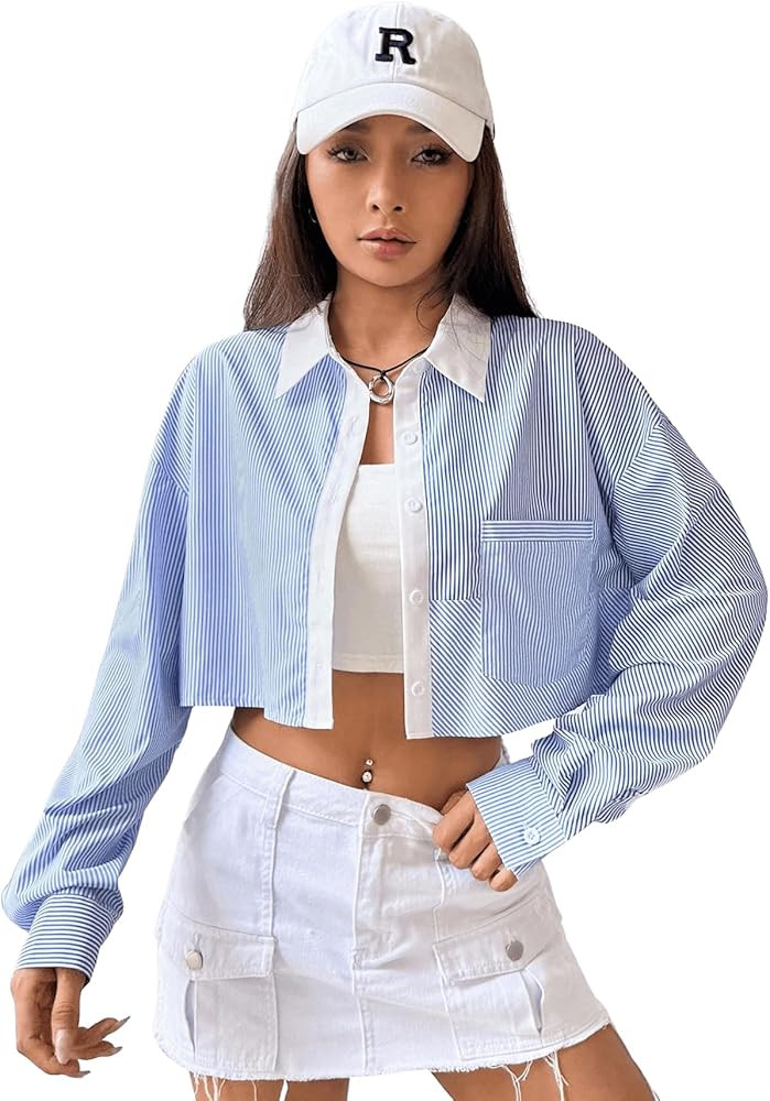 SweatyRocks Women's Striped Print Long Sleeve Drop Shoulder Crop Shirt Casual Collar Neck Button ... | Amazon (US)