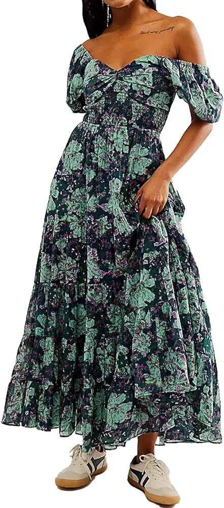 Women Floral Maxi Dress Short Puff Sleeve V Neck Bohemian Flowy Dress Smocked Casual Spring Summe... | Amazon (US)