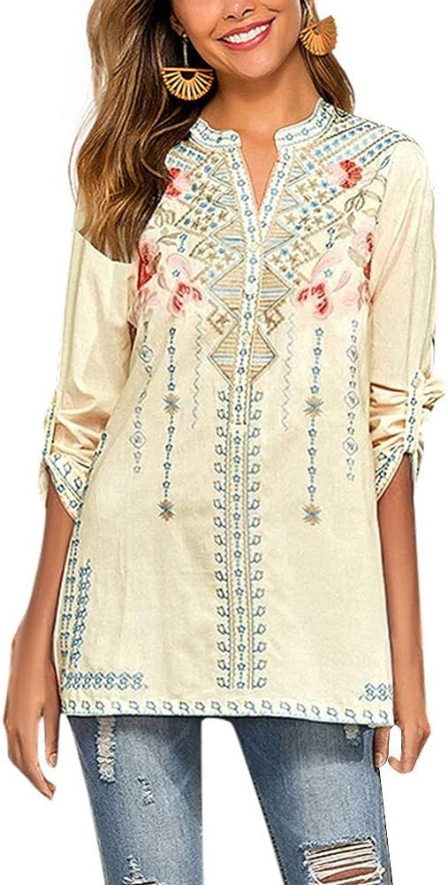 AK Women's Embroidered Tops Mexican Shirt V Neck Summer Casual Tops Peasant Tunic Loose Blouse | Amazon (US)