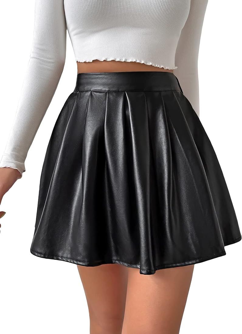 MakeMeChic Women's Faux Leather Skirt High Waisted A Line Pleated Mini Skirt | Amazon (US)