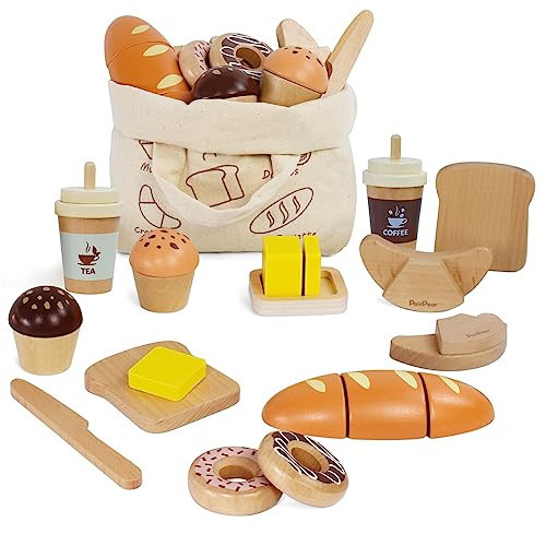 PairPear Wooden Bakery Toy Food Playset,Kids Pretend Play Food Kitchen Accessories with Shopping Bag,Toddlers Cutting Food Gift for Boys and Girls 3 Years and Up | Amazon (US)