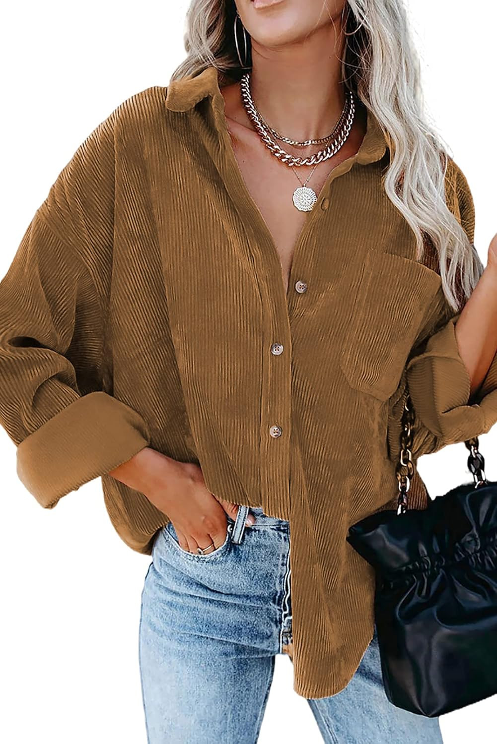 Bdcoco Women's Corduroy Shirts Casual Button Down Oversized Blouse Tops with Collar | Amazon (US)