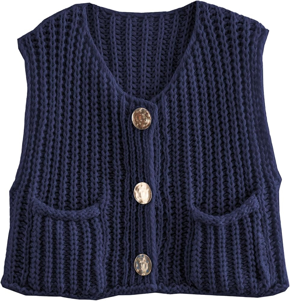 Hixiaohe Womens Crochet Chunky Knit Top Sleeveless Button Down Crop Tops Trendy Cardigan Sweater ... | Amazon (US)
