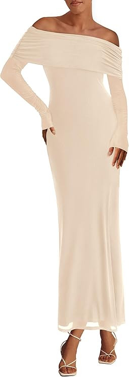 PRETTYGARDEN Women's Off The Shoulder Bodycon Maxi Dress Long Sleeve Mesh Elegant Party Formal We... | Amazon (US)