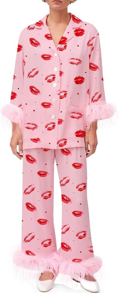 Women Valentine's Day Pajamas Feather Trim Long Sleeve Shirt + Pants Heart Print Silk Satin 2 Pie... | Amazon (US)